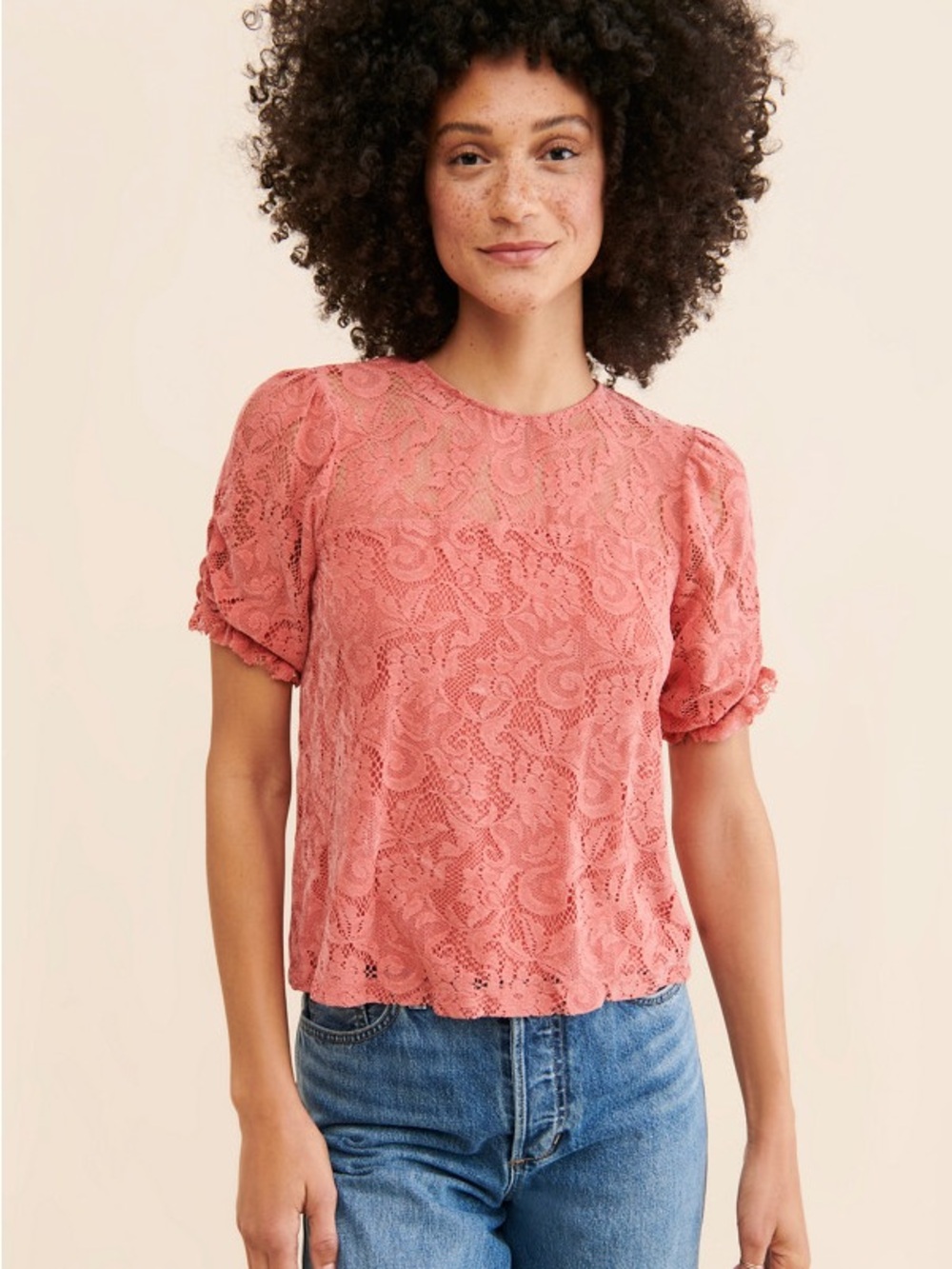 Anthropologie Parvati Lace Puff Sleeve‎ Blouse Coral Pink Size Small